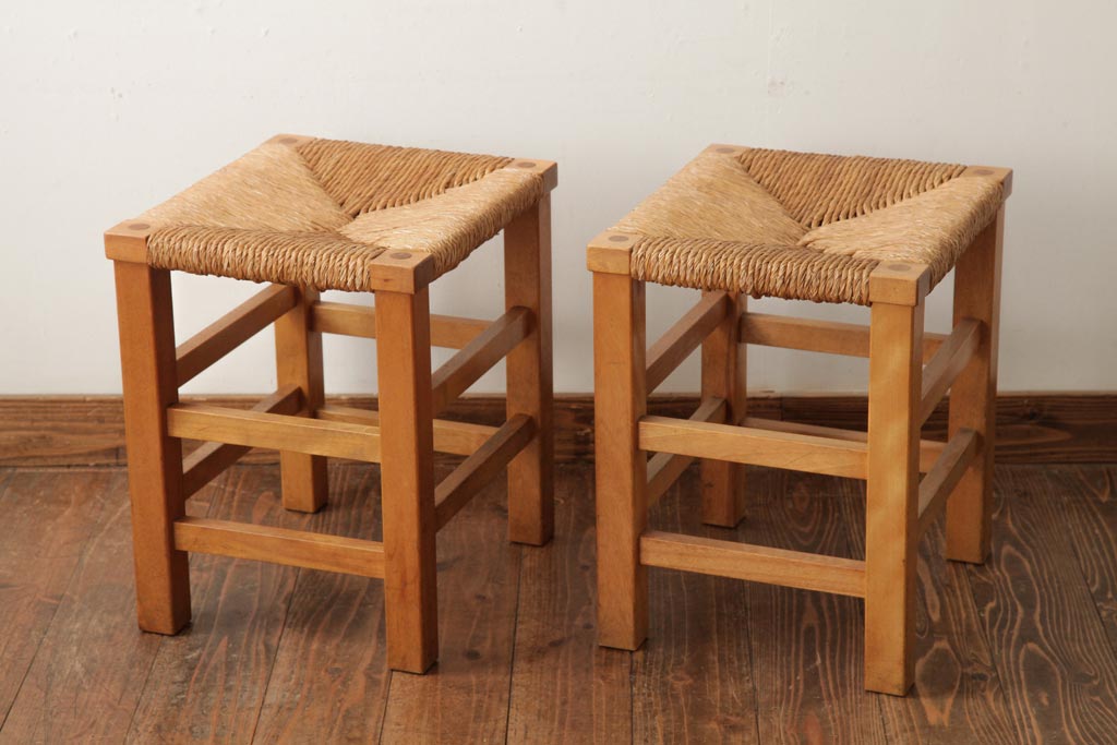 ビンテージ家具　松本民芸家具　初期モデル　ラッシスツール2脚セット(チェア、椅子)(R-038905)