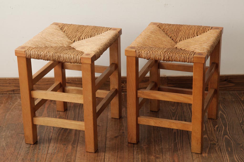 ビンテージ家具　松本民芸家具　初期モデル　ラッシスツール2脚セット(チェア、椅子)(R-038906)