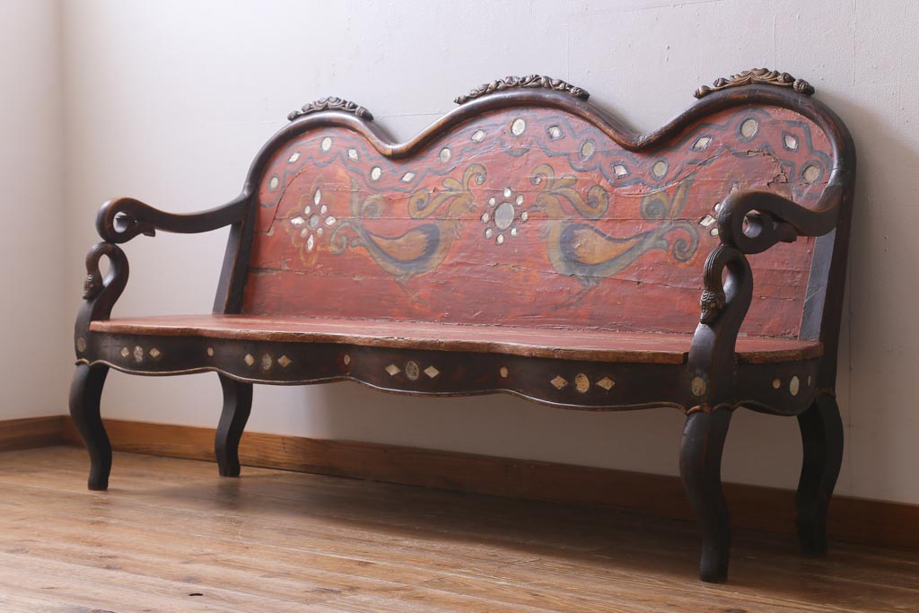 ヴィンテージ家具　エキゾチックなムード漂うベンチ(長椅子、ディスプレイ、ビンテージ)(R-038907)