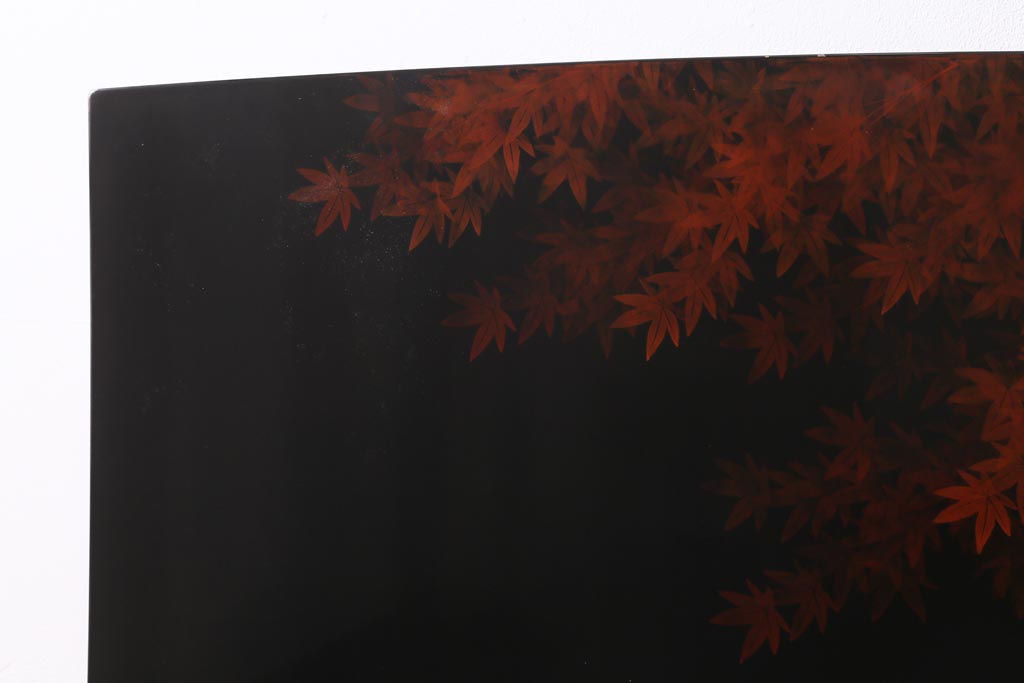 中古　漆塗　広堂作　夕焼紅葉図　朱と黒のコントラストが印象的なつい立て(衝立、パーテーション)(R-038912)