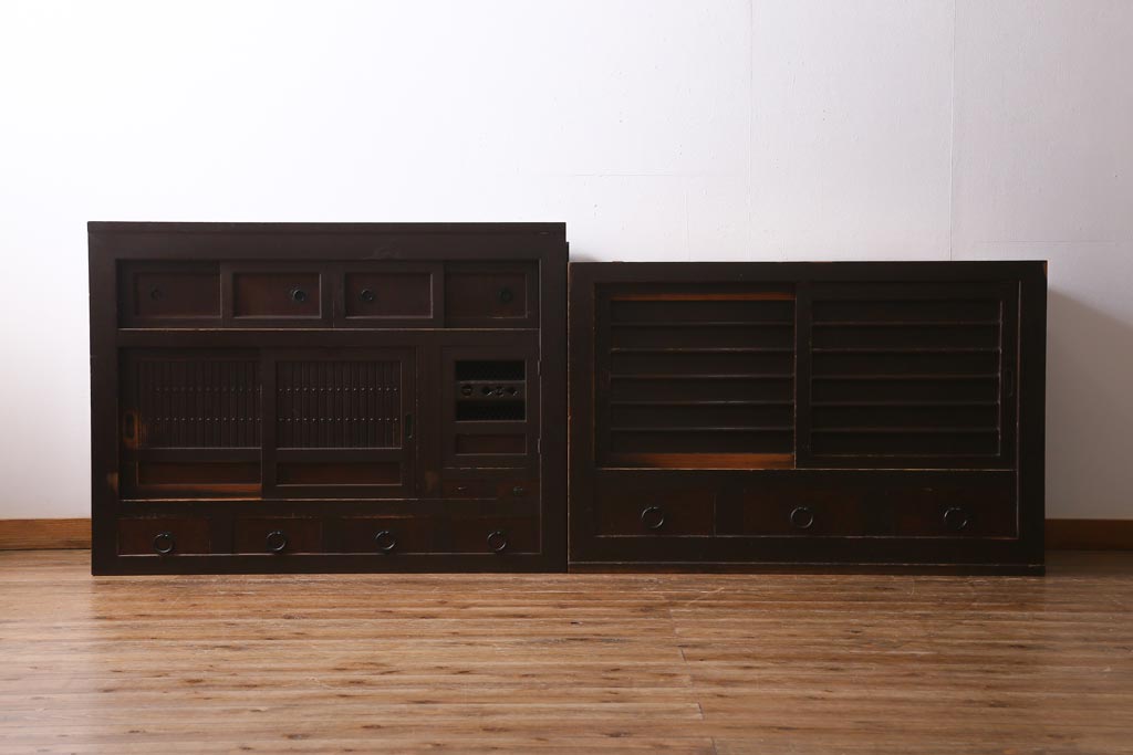 アンティーク家具　和製アンティーク　明治期　四尺　趣あふれる重ね水屋箪笥(食器棚、収納棚)(R-038915)