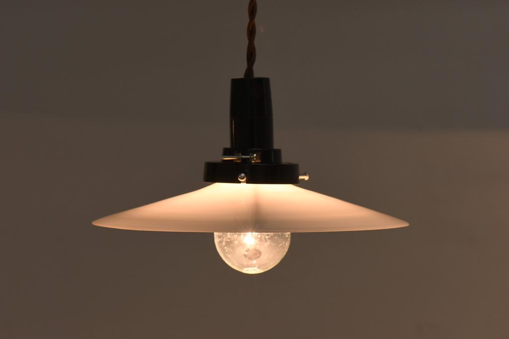 レトロ照明　戦前　昔懐かしい平笠シェードのペンダントライト(吊り下げ照明、天井照明、シェード)(R-038975)