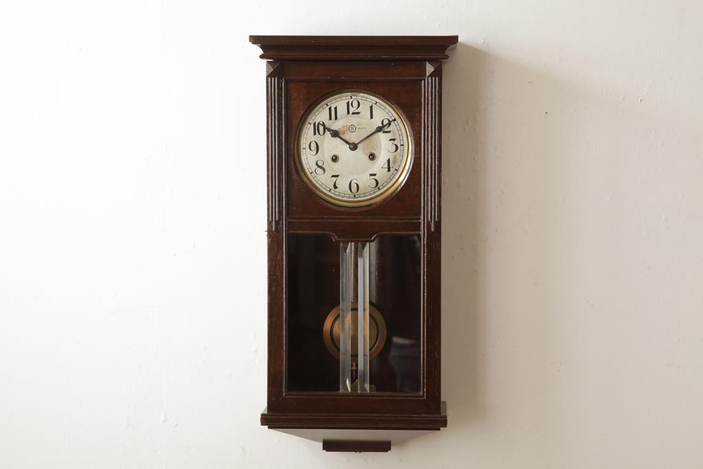 アンティーク雑貨　精工舎(SEIKOSHA、セイコー)　ゼンマイ式　取り外しができる上宮飾り付きの振り子柱時計(掛け時計、振り子時計、古時計)(R-039081)