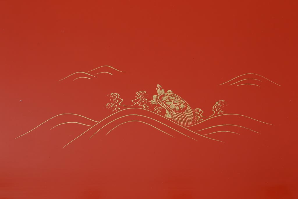 アンティーク雑貨　時代物　大正昭和初期　蒔絵　亀図　漆器　角盆　お膳5枚セット(R-039109)