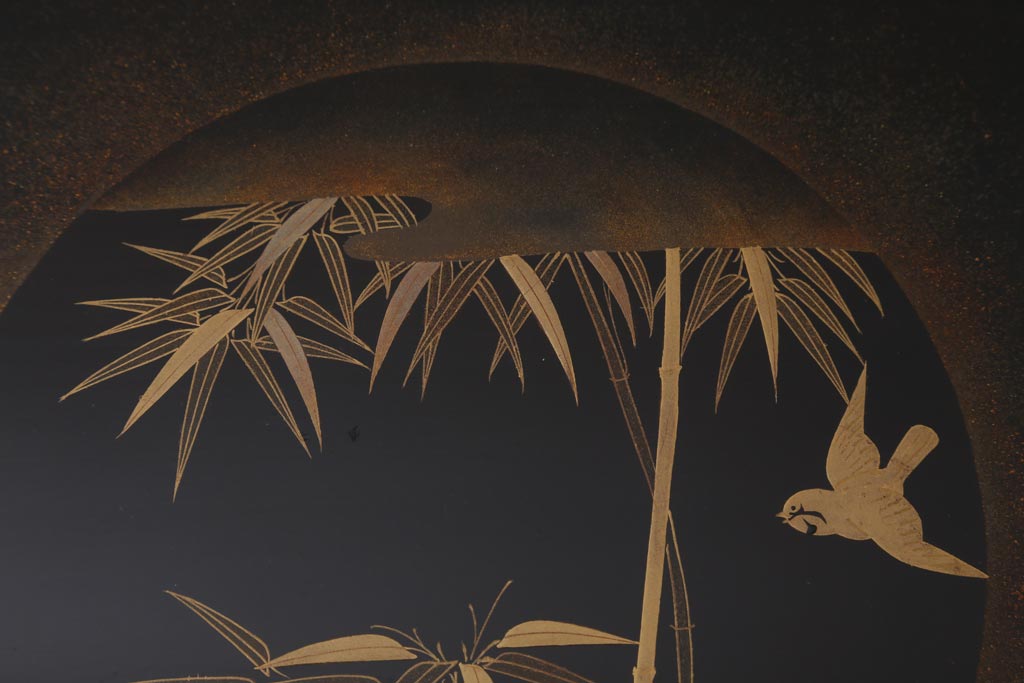 アンティーク雑貨　時代物　大正昭和初期　蒔絵　竹と雀図　漆器　角盆5枚セット(R-039110)