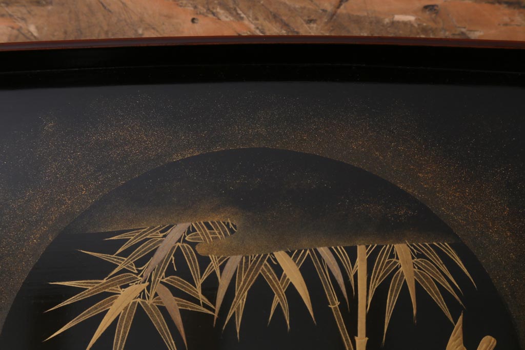 アンティーク雑貨　時代物　大正昭和初期　蒔絵　竹と雀図　漆器　角盆5枚セット(R-039111)