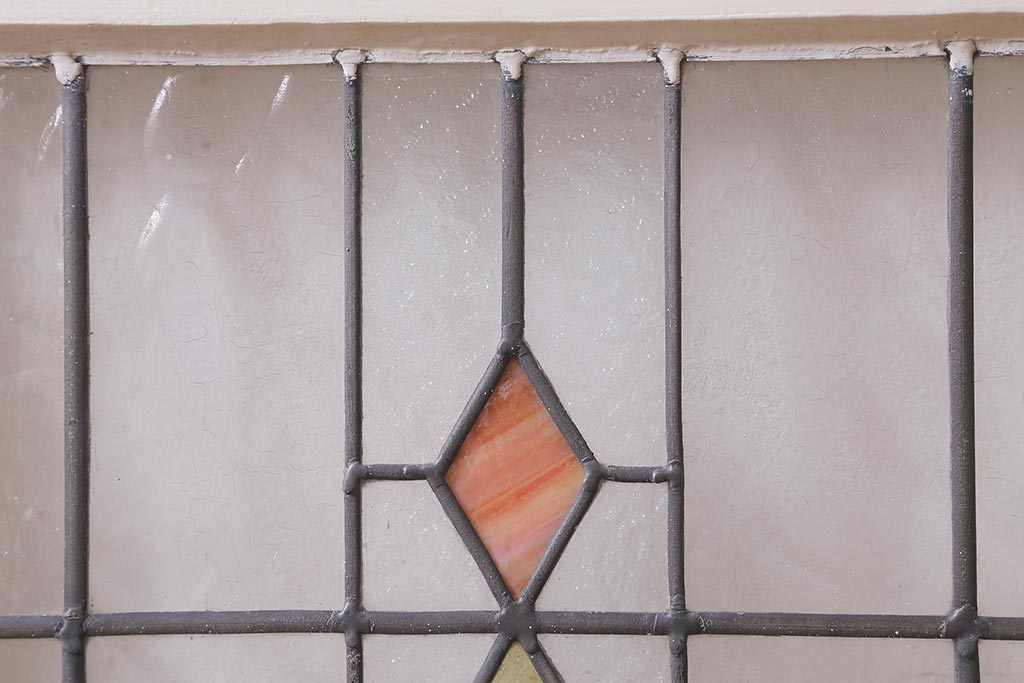 アンティーク建具　イギリスアンティーク　2色のカラーガラスが可愛らしいステンドグラスのペイントフィックス窓・大(明り取り)(R-39246)