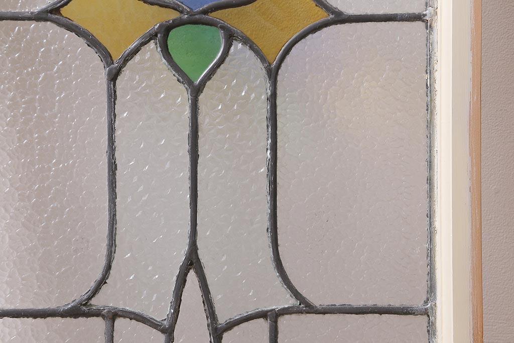 アンティーク建具　イギリスアンティーク　3色のカラーガラスがアクセントになったステンドグラスのペイントフィックス窓(明り取り)(R-39248)