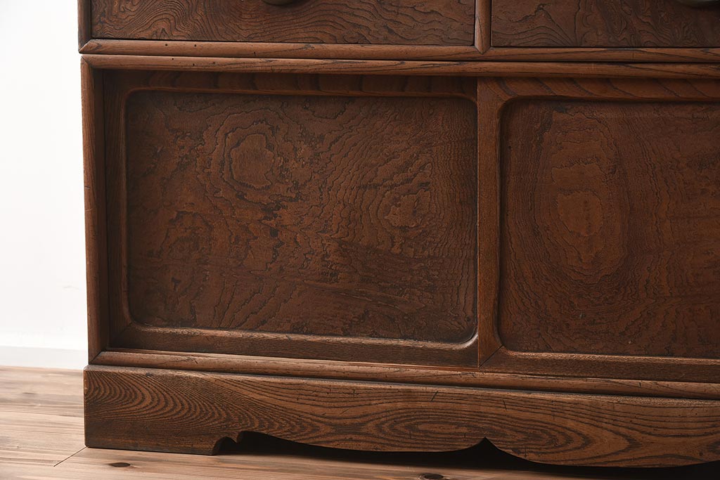 アンティーク家具　真鍮金具　三方ケヤキ材　前面玉杢の上質な茶棚(茶箪笥、収納棚、キャビネット)(R-039249)