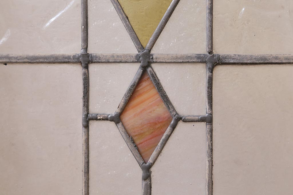 アンティーク建具　イギリスアンティーク　2色のカラーガラスが可愛らしいステンドグラスのペイントフィックス窓・小(明り取り)(R-39291)