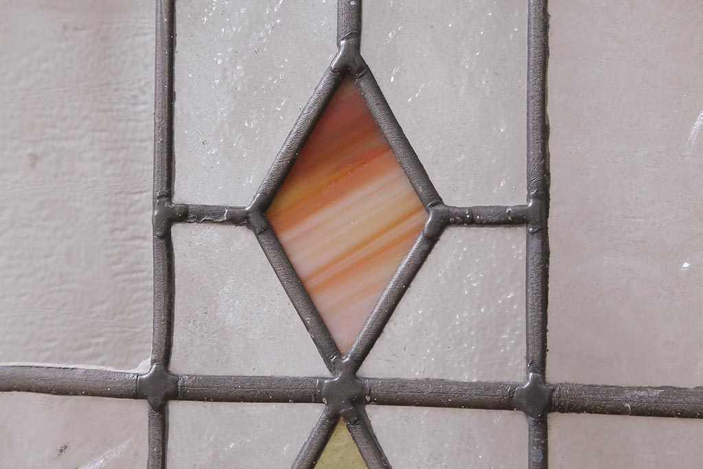 アンティーク建具　イギリスアンティーク　2色のカラーガラスが可愛らしいステンドグラスのペイントフィックス窓・小(明り取り)(R-39292)