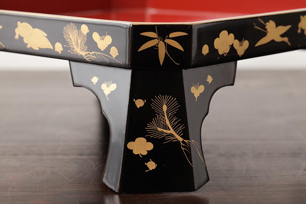 極上　本手家具師　田中屋常蔵　黒内朱　金蒔絵　鶴亀　松竹梅　木製　仏膳セット　漆器(R-039315)
