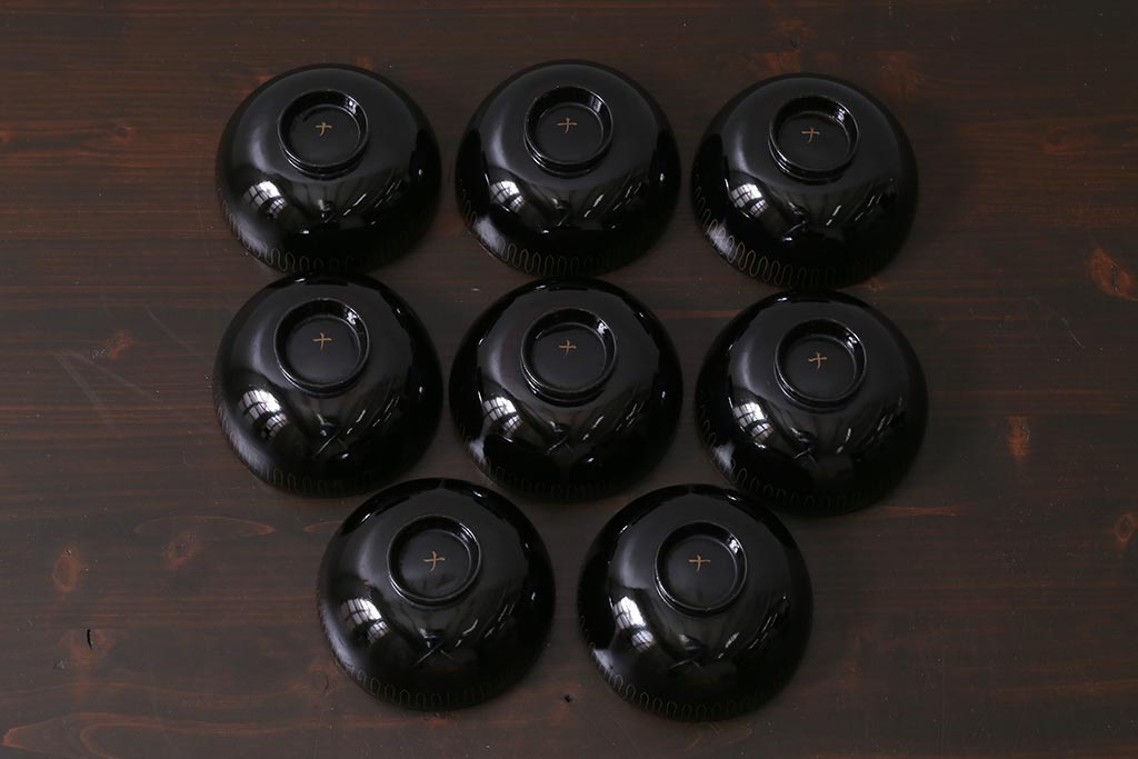アンティーク雑貨　和製アンティーク　網紋木製蓋付椀8客セット(お椀、漆器)(R-039372)