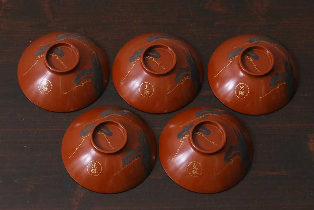 アンティーク雑貨　和製アンティーク　松蒔絵木製蓋付椀5客セット(お椀、漆器)(R-039373)