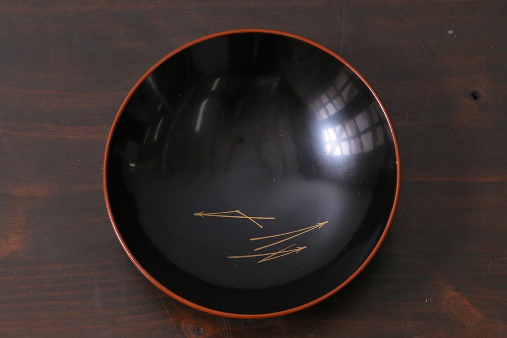 アンティーク雑貨　和製アンティーク　松蒔絵木製蓋付椀5客セット(お椀、漆器)(R-039373)