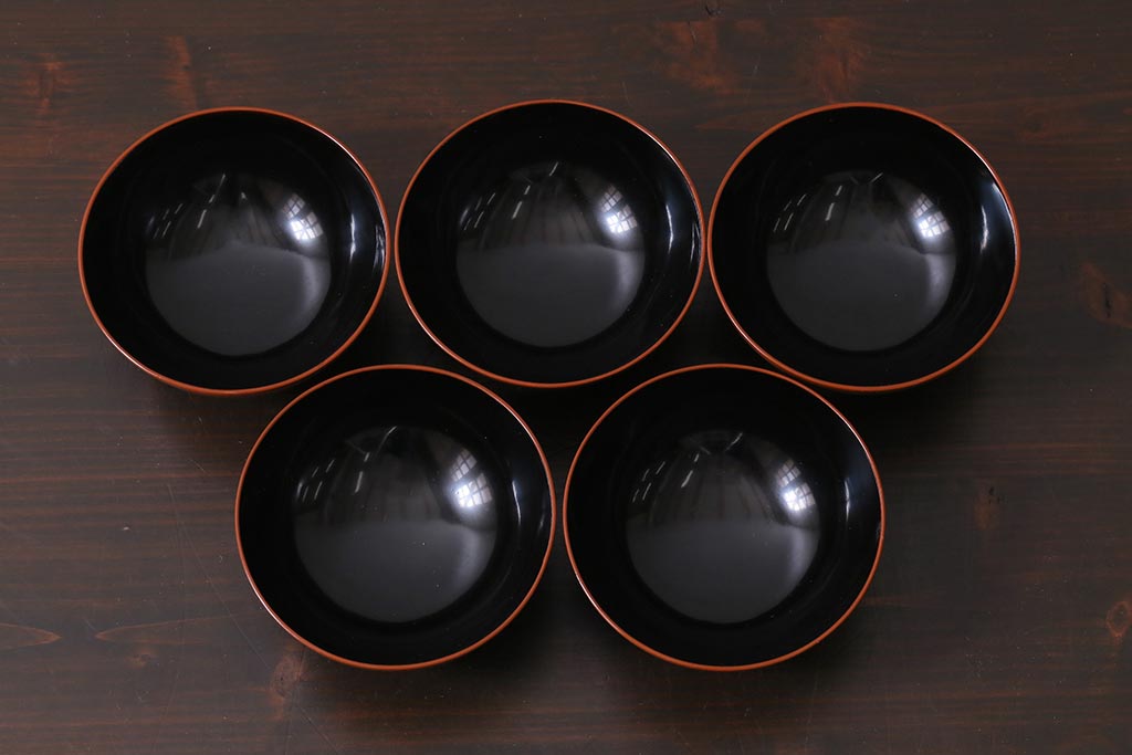 アンティーク雑貨　和製アンティーク　松蒔絵木製蓋付椀5客セット(お椀、漆器)(R-039373)