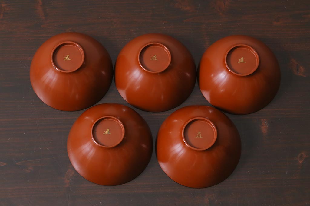 アンティーク雑貨　和製アンティーク　松蒔絵木製蓋付椀5客セット(お椀、漆器)(R-039373)