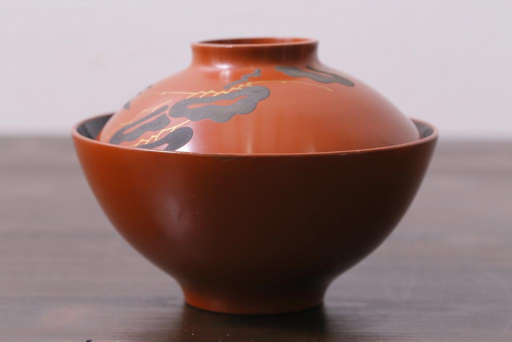 アンティーク雑貨　和製アンティーク　松蒔絵木製蓋付椀5客セット(お椀、漆器)(R-039373)
