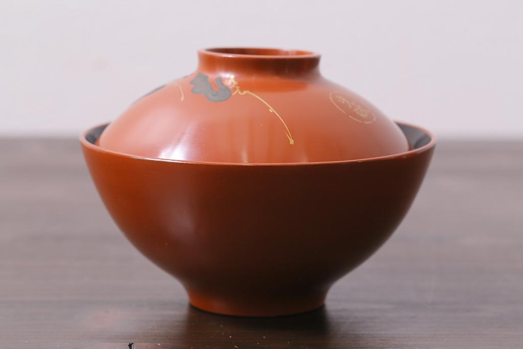 アンティーク雑貨　和製アンティーク　松蒔絵木製蓋付椀5客セット(お椀、漆器)(R-039373)