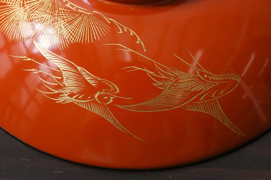 アンティーク雑貨　和製アンティーク　鶴・松　縁起の良い沈金蒔絵の木製椀5客セット(蓋付き椀、漆器、和食器)(R-039374)