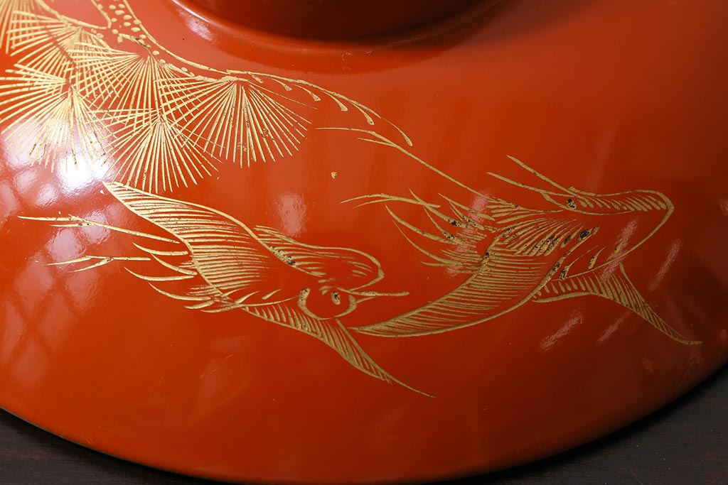 アンティーク雑貨　和製アンティーク　鶴・松　縁起の良い沈金蒔絵の木製椀5客セット(蓋付き椀、漆器、和食器)(R-039375)