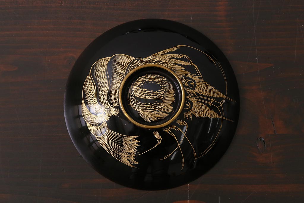 アンティーク雑貨　和製アンティーク　漆器　迫力ある海老の図柄が描かれた木製椀5客セット(和食器)(R-039463)