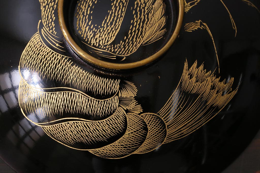 アンティーク雑貨　和製アンティーク　漆器　迫力ある海老の図柄が描かれた木製椀5客セット(和食器)(R-039463)