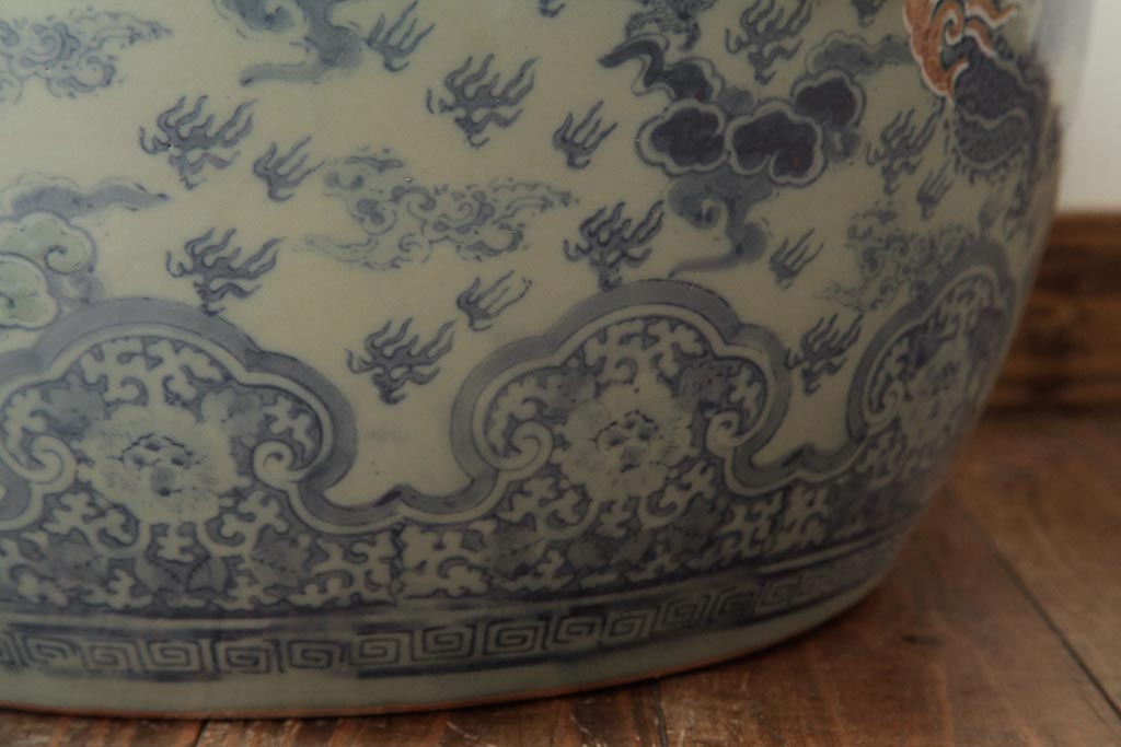 アンティーク雑貨　大正昭和初期　龍と鳳凰の図が大胆に描かれた瀬戸火鉢(鉢カバー)(R-039477)