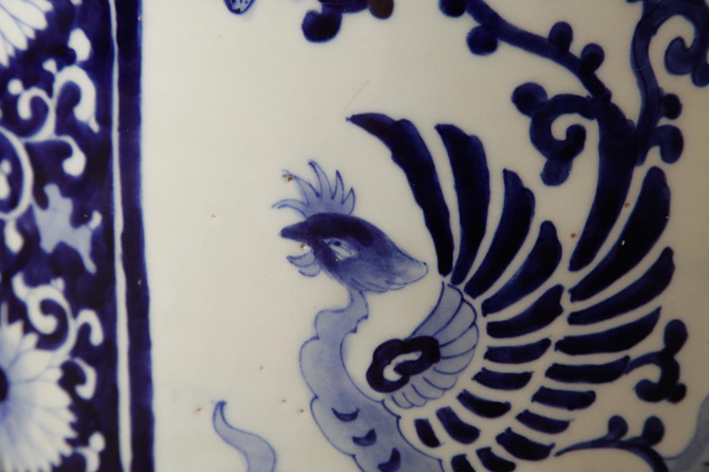 アンティーク雑貨　大正昭和初期　鳳凰の図が独特の雰囲気を醸し出す瀬戸火鉢(鉢カバー)(R-39478)