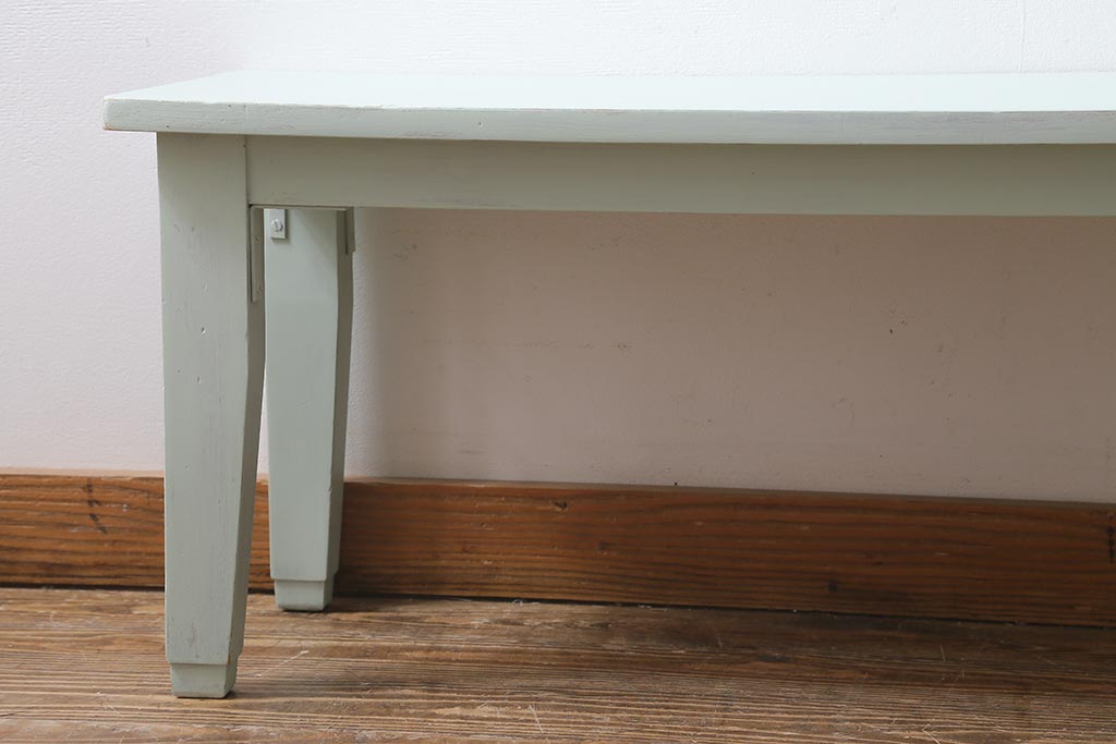 ビンテージ家具　当店ペイント　昭和初期　ミントグリーン　ペイントカラーが爽やかなベンチ(椅子、板座チェア、飾り棚)(R-039493)