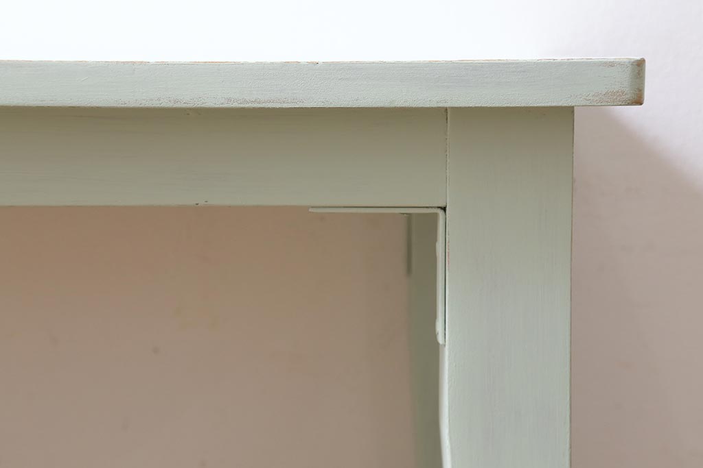 ビンテージ家具　当店ペイント　昭和初期　ミントグリーン　ペイントカラーが爽やかなベンチ(椅子、板座チェア、飾り棚)(R-039493)