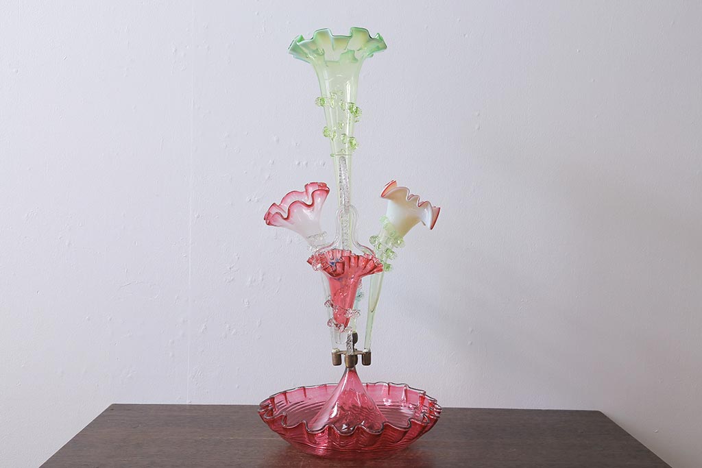 フランスアンティーク　ビクトリア朝　glass Epergne　ワセリンガラス　華やかなガラス製のセンターピース(テーブルウェア、オブジェ)(R-039549)