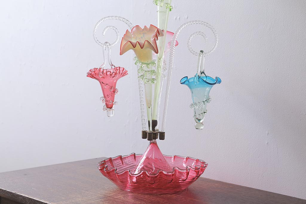 フランスアンティーク　ビクトリア朝　glass Epergne　ワセリンガラス　華やかなガラス製のセンターピース(テーブルウェア、オブジェ)(R-039549)