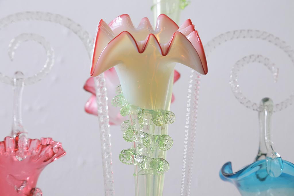 フランスアンティーク　ビクトリア朝　glass Epergne　ワセリンガラス　華やかなガラス製のセンターピース(テーブルウェア、オブジェ)(R-039549)