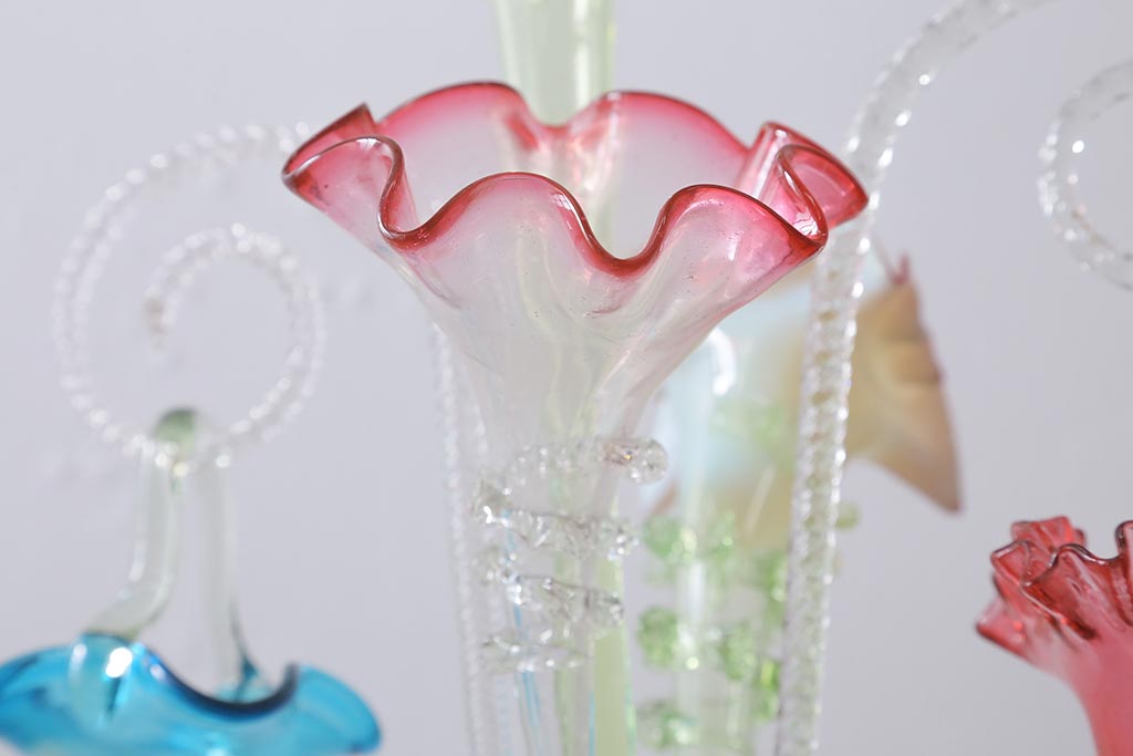 フランスアンティーク　ビクトリア朝　glass Epergne　ワセリンガラス　華やかなガラス製のセンターピース(テーブルウェア、オブジェ)(R-039549)