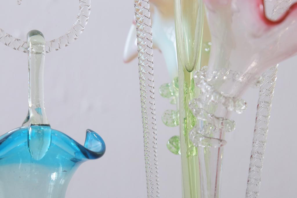 フランスアンティーク　ビクトリア朝　glass Epergne　ワセリンガラス　華やかなガラス製のセンターピース(テーブルウェア、オブジェ)(R-039549)