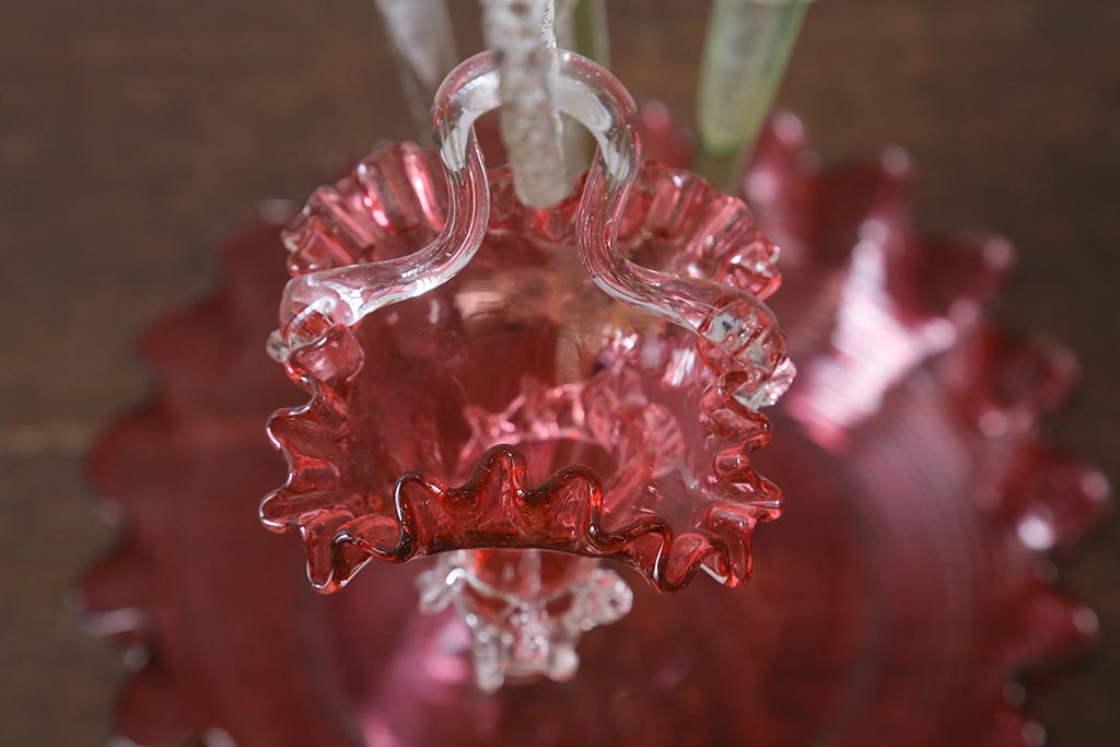 フランスアンティーク　ビクトリア朝　glass Epergne　ワセリンガラス　華やかなガラス製のセンターピース(テーブルウェア、オブジェ)(R-039549)