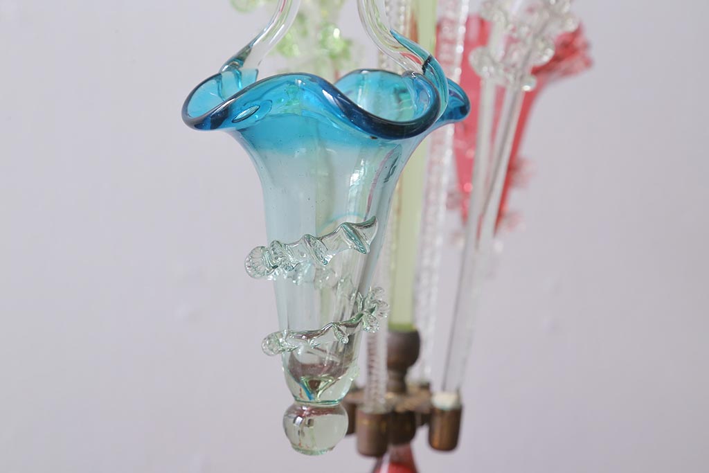 フランスアンティーク　ビクトリア朝　glass Epergne　ワセリンガラス　華やかなガラス製のセンターピース(テーブルウェア、オブジェ)(R-039549)