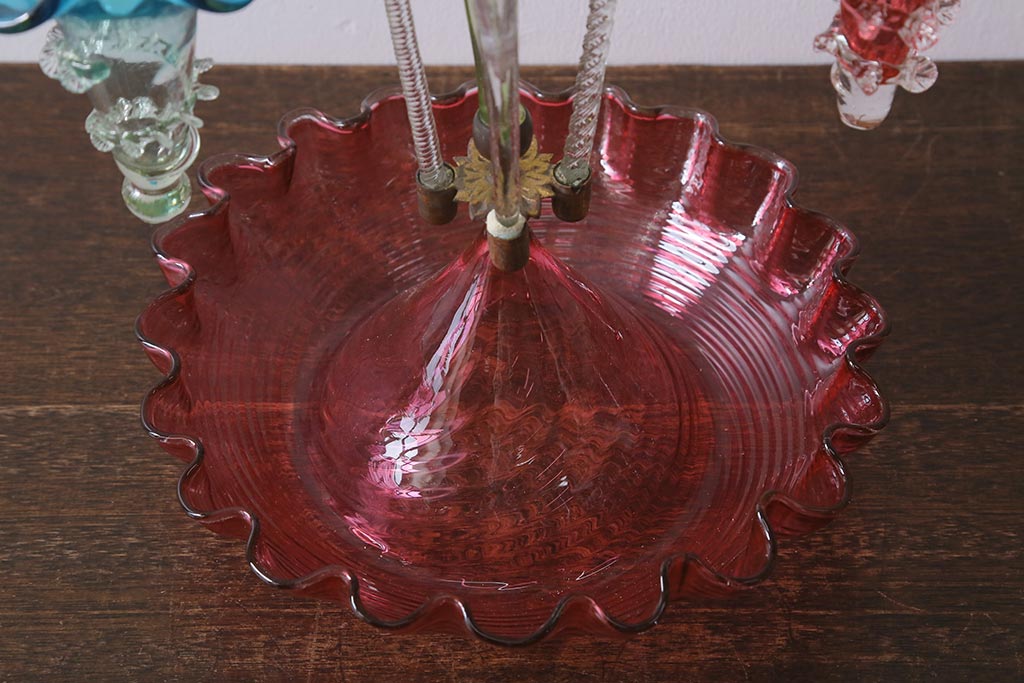 フランスアンティーク　ビクトリア朝　glass Epergne　ワセリンガラス　華やかなガラス製のセンターピース(テーブルウェア、オブジェ)(R-039549)