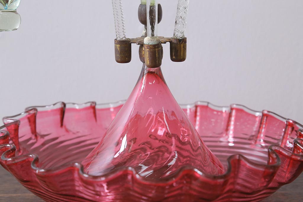 フランスアンティーク　ビクトリア朝　glass Epergne　ワセリンガラス　華やかなガラス製のセンターピース(テーブルウェア、オブジェ)(R-039549)