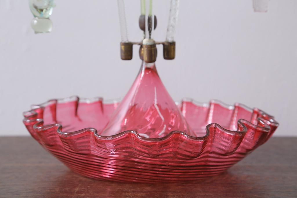 フランスアンティーク　ビクトリア朝　glass Epergne　ワセリンガラス　華やかなガラス製のセンターピース(テーブルウェア、オブジェ)(R-039549)