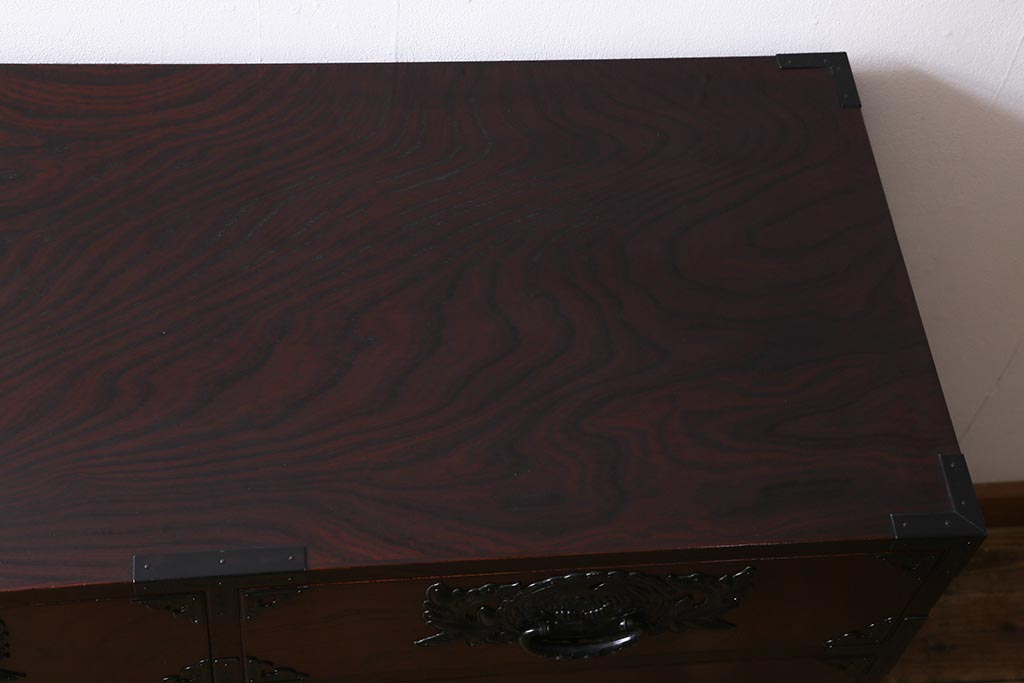 中古　欅産業　仙台箪笥　KC-3M　ケヤキ・桐材　職人技が光る牡丹金具の三.五尺箪笥(衣装箪笥、引き出し)(R-039682)