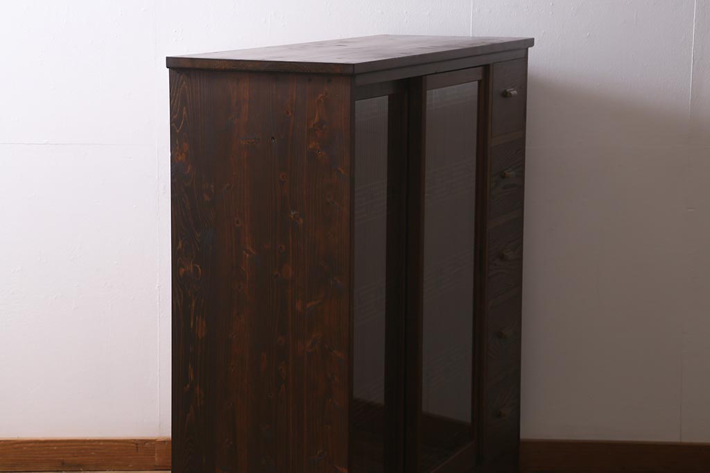 ラフジュ工房オリジナル　古建具リメイク　引き出し5杯付きの組子書院戸のキャビネット(戸棚、リビングボード)(R-039700)