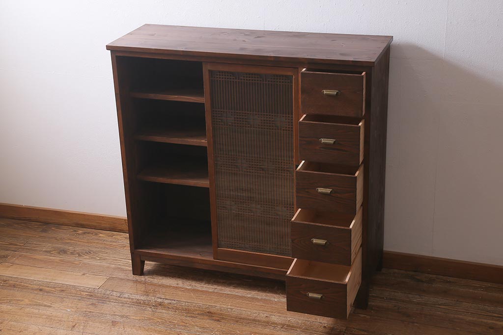 ラフジュ工房オリジナル　古建具リメイク　引き出し5杯付きの組子書院戸のキャビネット(戸棚、リビングボード)(R-039700)