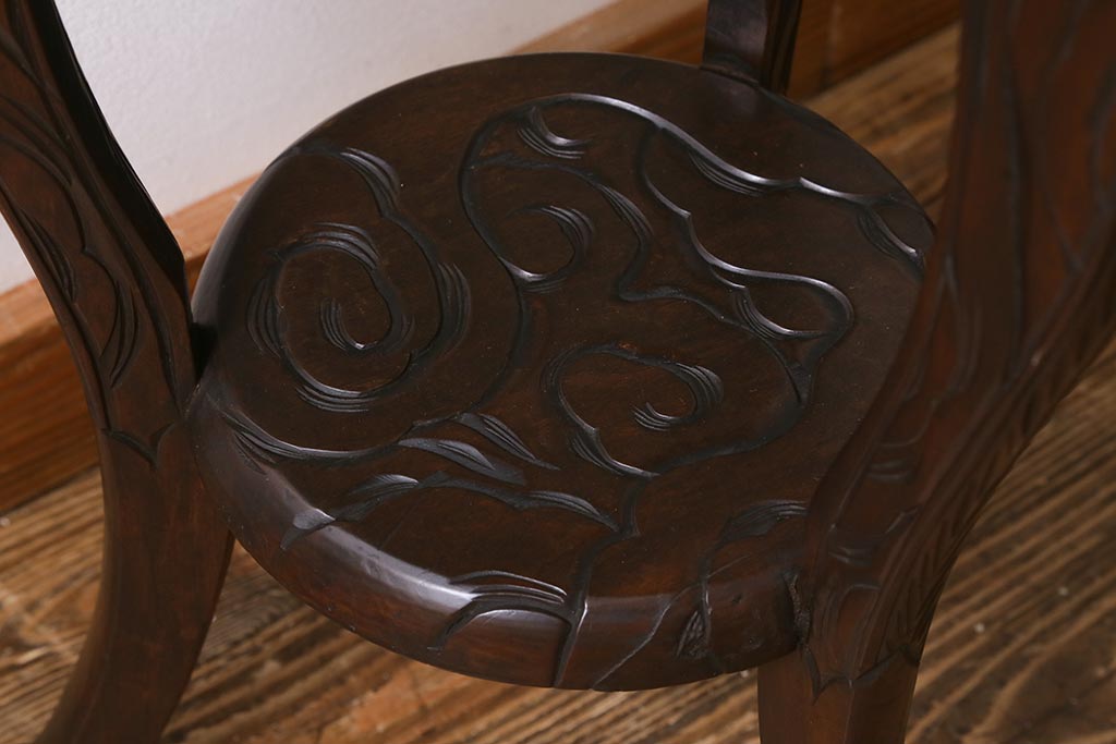 中古　伝統工芸　日光彫り　龍雲図　迫力ある彫刻のサイドテーブル(花台、飾り台)(R-039721)