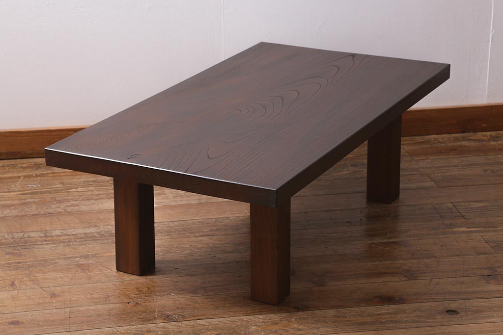 ビンテージ家具　和製ビンテージ　総ケヤキ・天板一枚板　滑らかな木肌が魅力のセンターテーブル(座卓、ローテーブル)(R-039819)