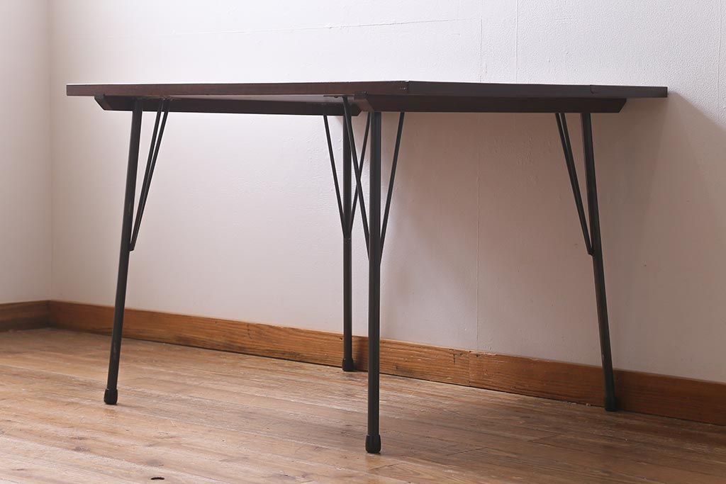 アンティーク家具　リメイク　栃の木一枚板　古材を活かした鉄脚テーブル(ダイニングテーブル、カフェテーブル、作業台)(R-039975)