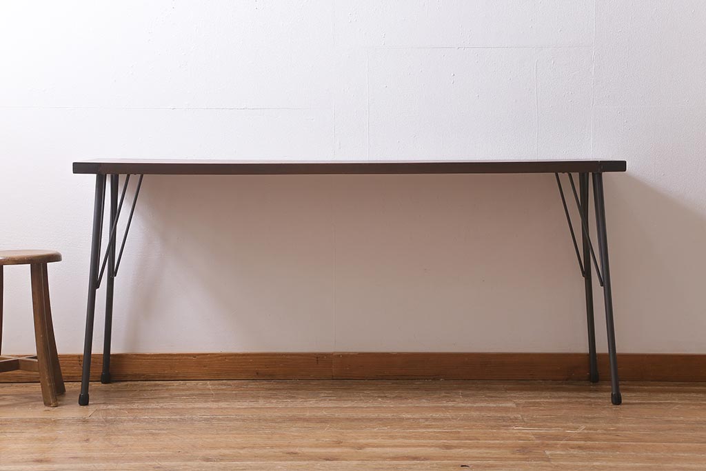 アンティーク家具　古材一枚板リメイク　朴の木を活かしたシンプルな鉄脚テーブル(コンソールテーブル、作業台)(R-039976)