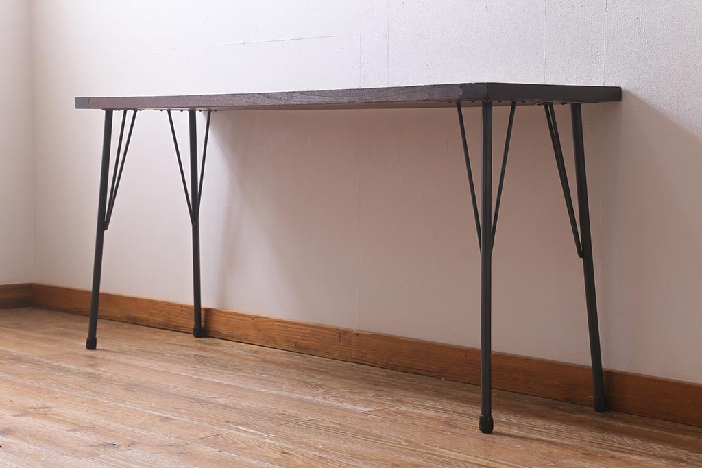 アンティーク家具　古材一枚板リメイク　朴の木を活かしたシンプルな鉄脚テーブル(コンソールテーブル、作業台)(R-039976)