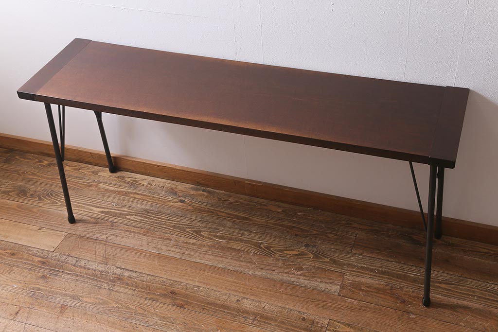 アンティーク家具　古材一枚板リメイク　朴の木を活かしたシンプルな鉄脚テーブル(コンソールテーブル、作業台)(R-039976)